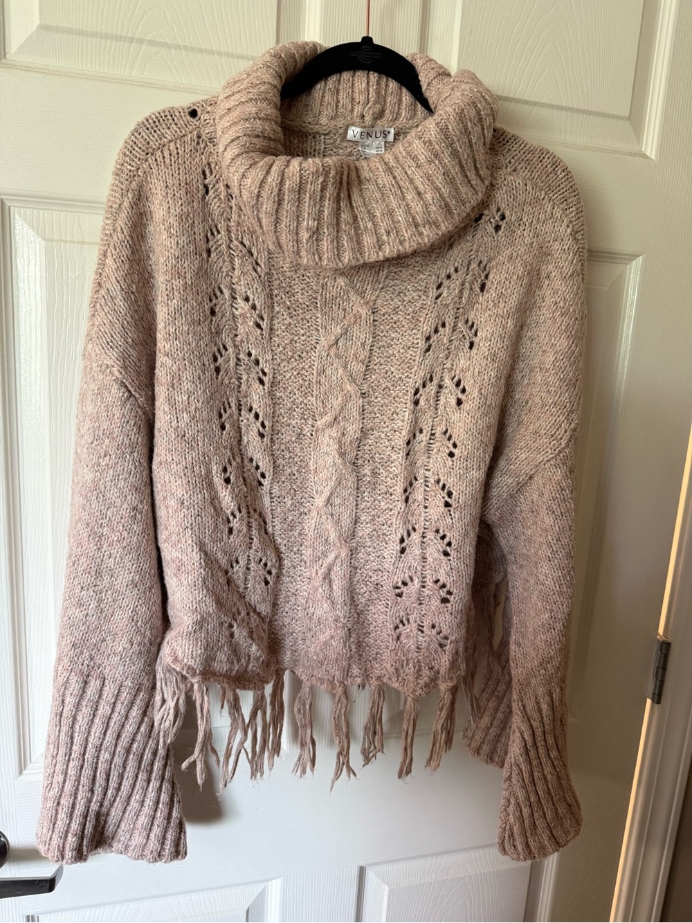 VENUS Blush Cable Knit Cowl-Neck Fringe Sweater